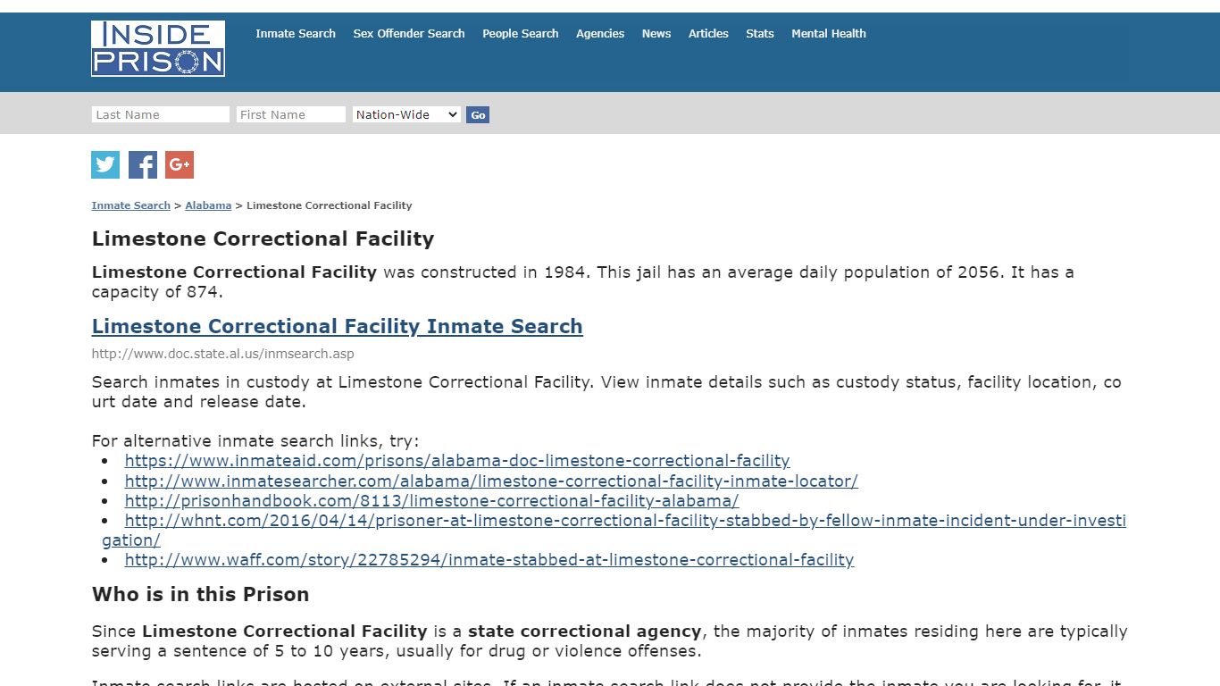 Limestone Correctional Facility - Alabama - Inmate Search